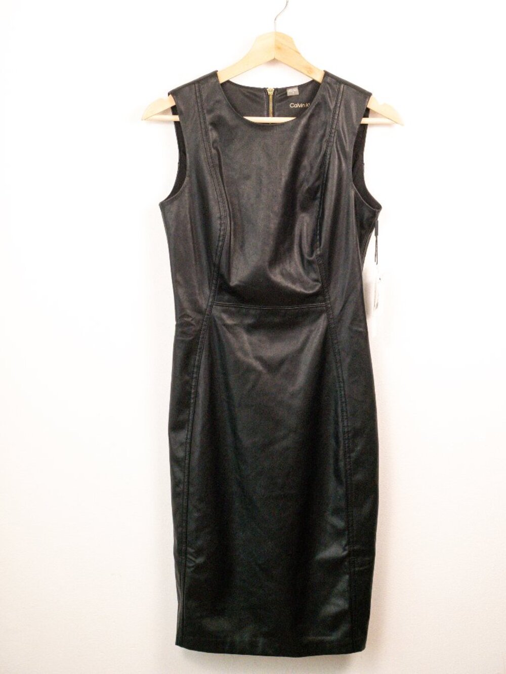 Calvin Klein Faux Leather Sleeveless Sheath Dress Black Size 2 Gold Zipper NWT